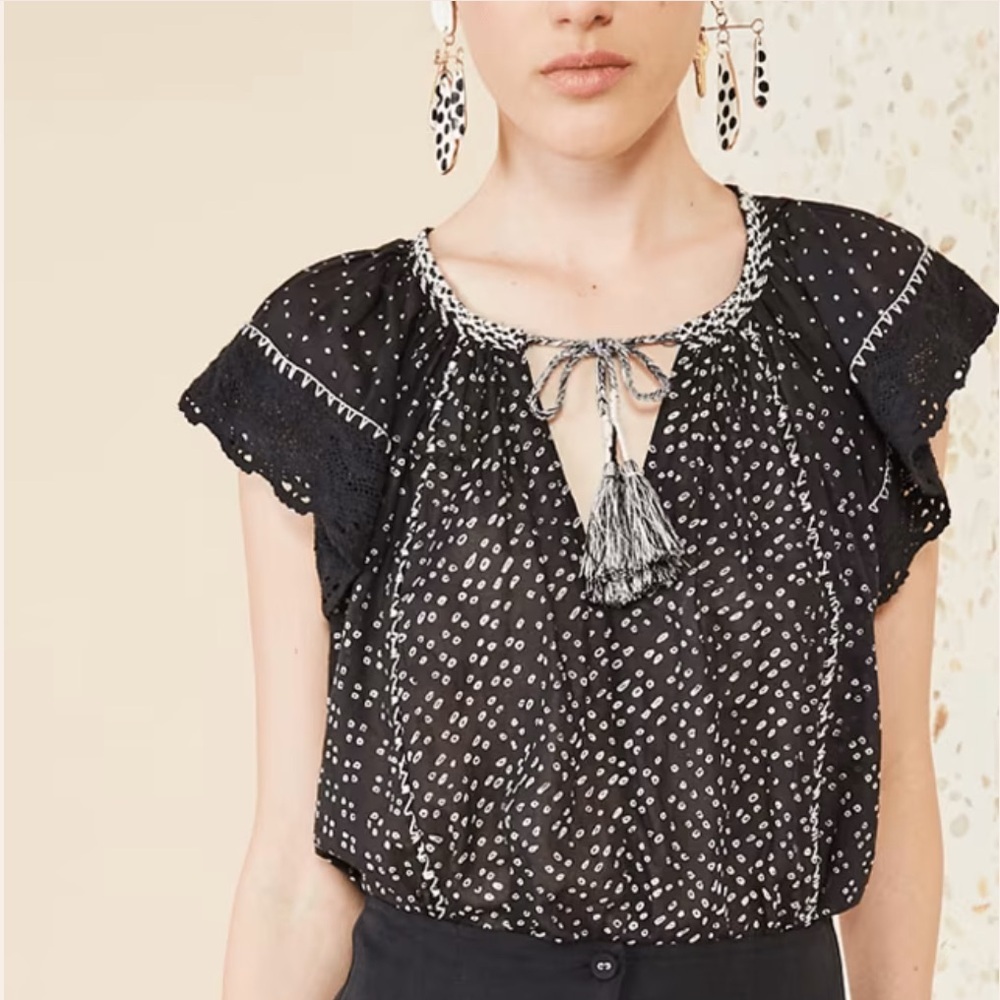 ULLA JOHNSON Rena Tie Front Top in‎ Noir Size2 Patchwork Black White Size XS